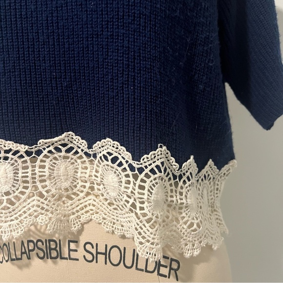 Topshop Navy Blue Lace Hem Short Sleeve Sweater - Picture 3 of 5
